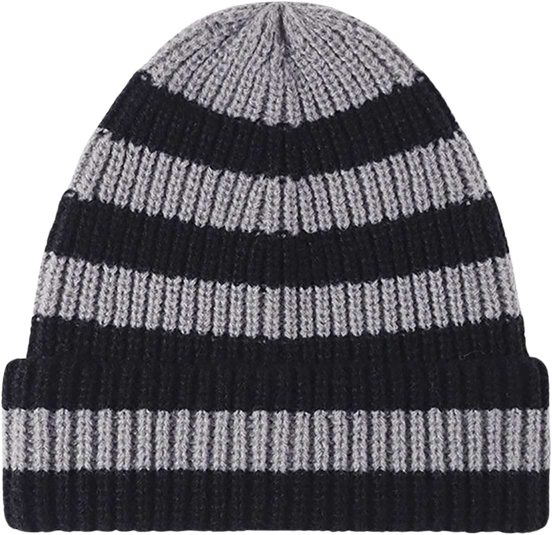 CORIRESHA Unisex Fashion Striped Beanie Cuffed Winter Warm Cozy Chunky Rib Knit Hat