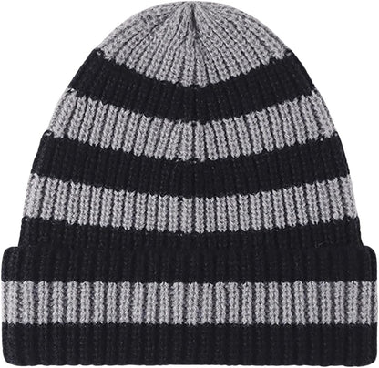CORIRESHA Unisex Fashion Striped Beanie Cuffed Winter Warm Cozy Chunky Rib Knit Hat