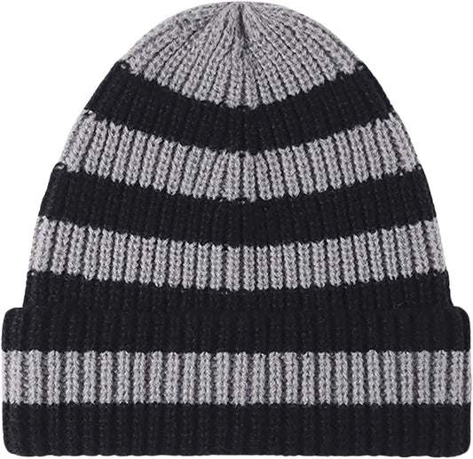 CORIRESHA Unisex Fashion Striped Beanie Cuffed Winter Warm Cozy Chunky Rib Knit Hat