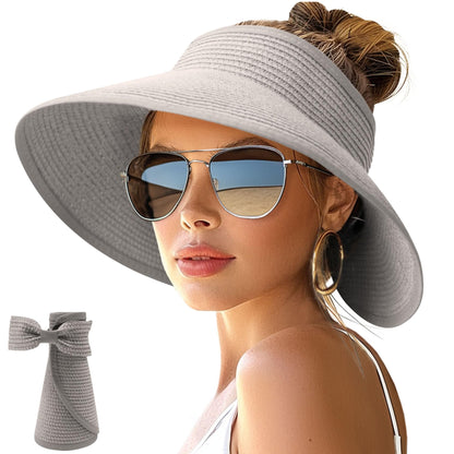 NPJY Sun Hats for Women Wide Brim Roll-Up Ponytail Packable Straw Visor