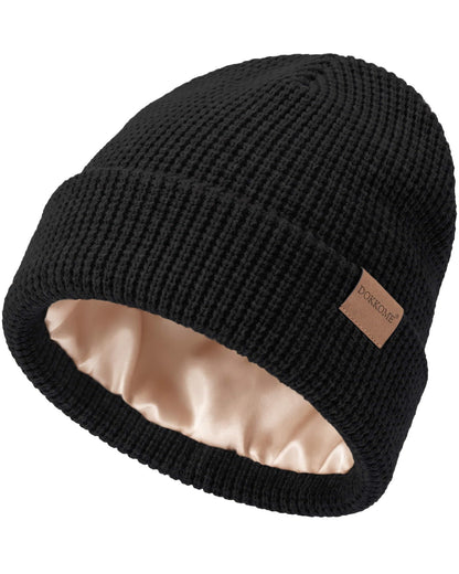 Satin Lined Beanie for Women Men Waffle Knit Winter Hats Thick Double Layer Warm Cuffed Silk Lining Cozy Soft