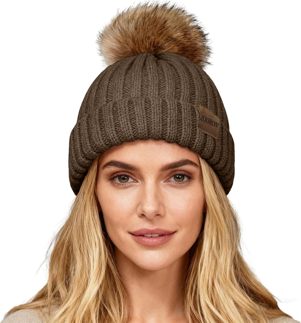ZOORON Womens Winter Knitted Beanie Hat with Faux Fur Pom Beanie Warm Knit Skull Cap Beanie for Women