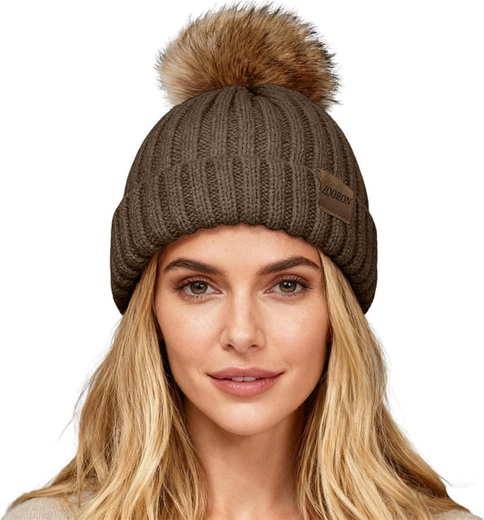 ZOORON Womens Winter Knitted Beanie Hat with Faux Fur Pom Beanie Warm Knit Skull Cap Beanie for Women