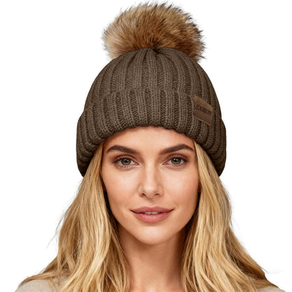 ZOORON Womens Winter Knitted Beanie Hat with Faux Fur Pom Beanie Warm Knit Skull Cap Beanie for Women