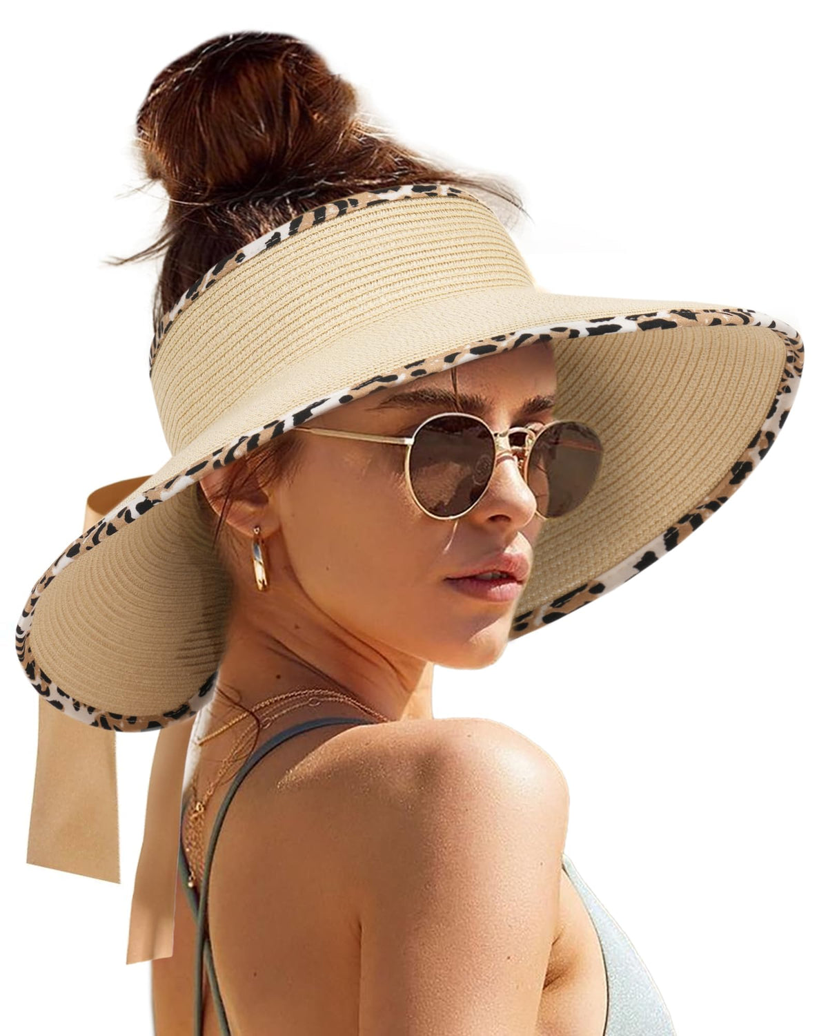 Camptrace Women's Straw Sun Visor Hat UPF Wide Shade Ponytail Summer Hat