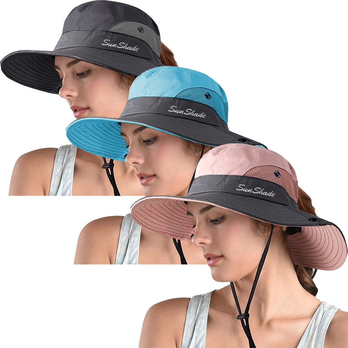 ZOORON Women's Ponytail Safari Sun Hat,Wide Brim UV Protection Bucket Hat