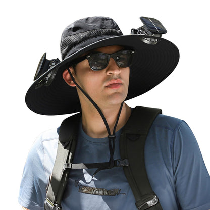 Outdoor Wide Brim Sun Hat with 2 Solar Fan Sun Bucket Hat for Men Women UPF 50+ Bucket Fishing & Beach Hat with Fan Built in