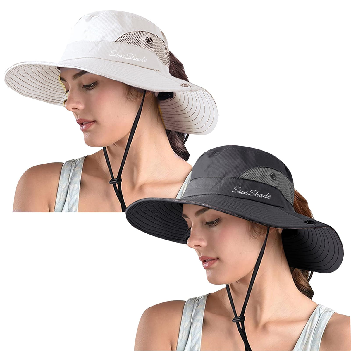 ZOORON Women's Ponytail Safari Sun Hat,Wide Brim UV Protection Bucket Hat