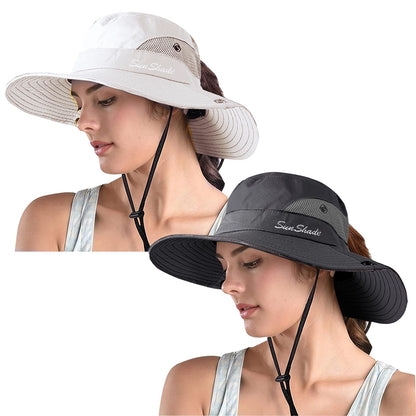 ZOORON Women's Ponytail Safari Sun Hat,Wide Brim UV Protection Bucket Hat