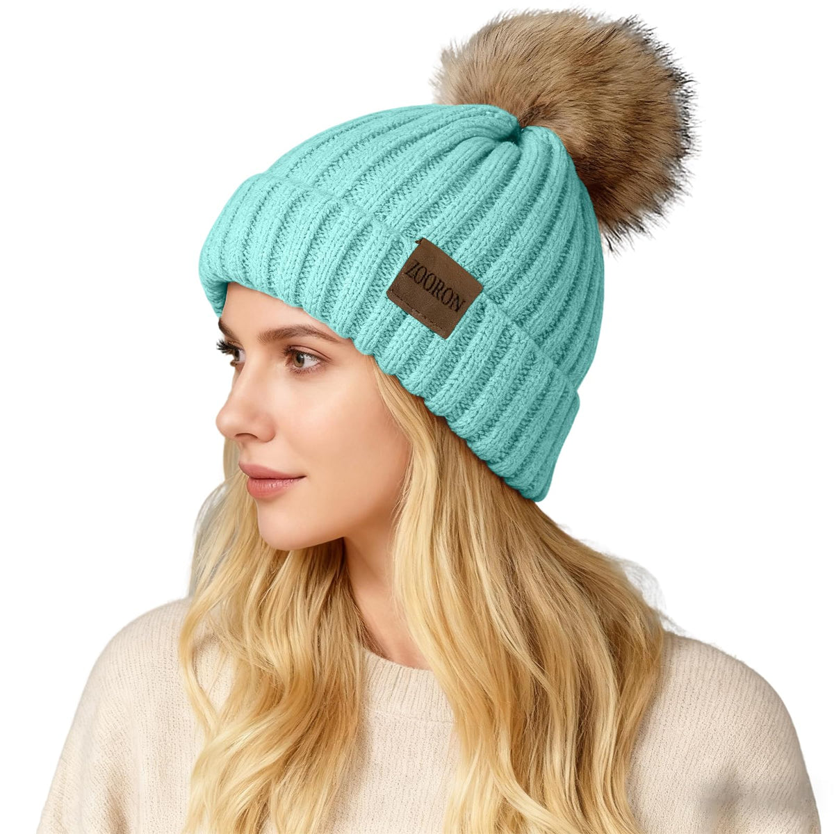 ZOORON Womens Winter Knitted Beanie Hat with Faux Fur Pom Beanie Warm Knit Skull Cap Beanie for Women