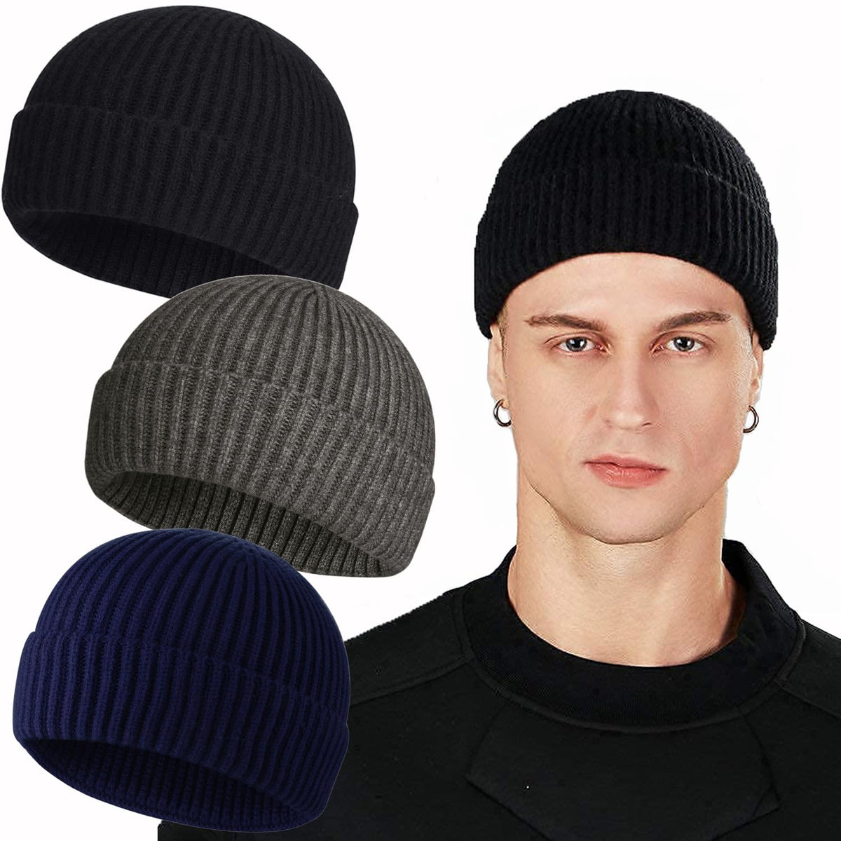 ROYBENS Swag Wool Knit Cuff Short Fisherman Beanie for Men Women Winter Hat