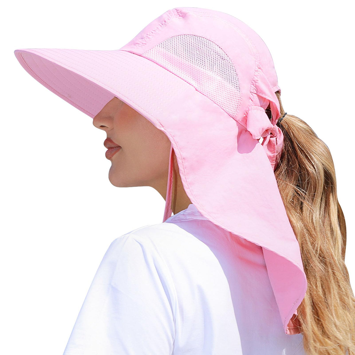 Womens Sun Hat Outdoor UV Protection Wide Brim Fishing Hat with Ponytail Hole Neck Flap for Beach Hiking Camping