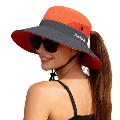 ZOORON Women's Ponytail Safari Sun Hat,Wide Brim UV Protection Bucket Hat