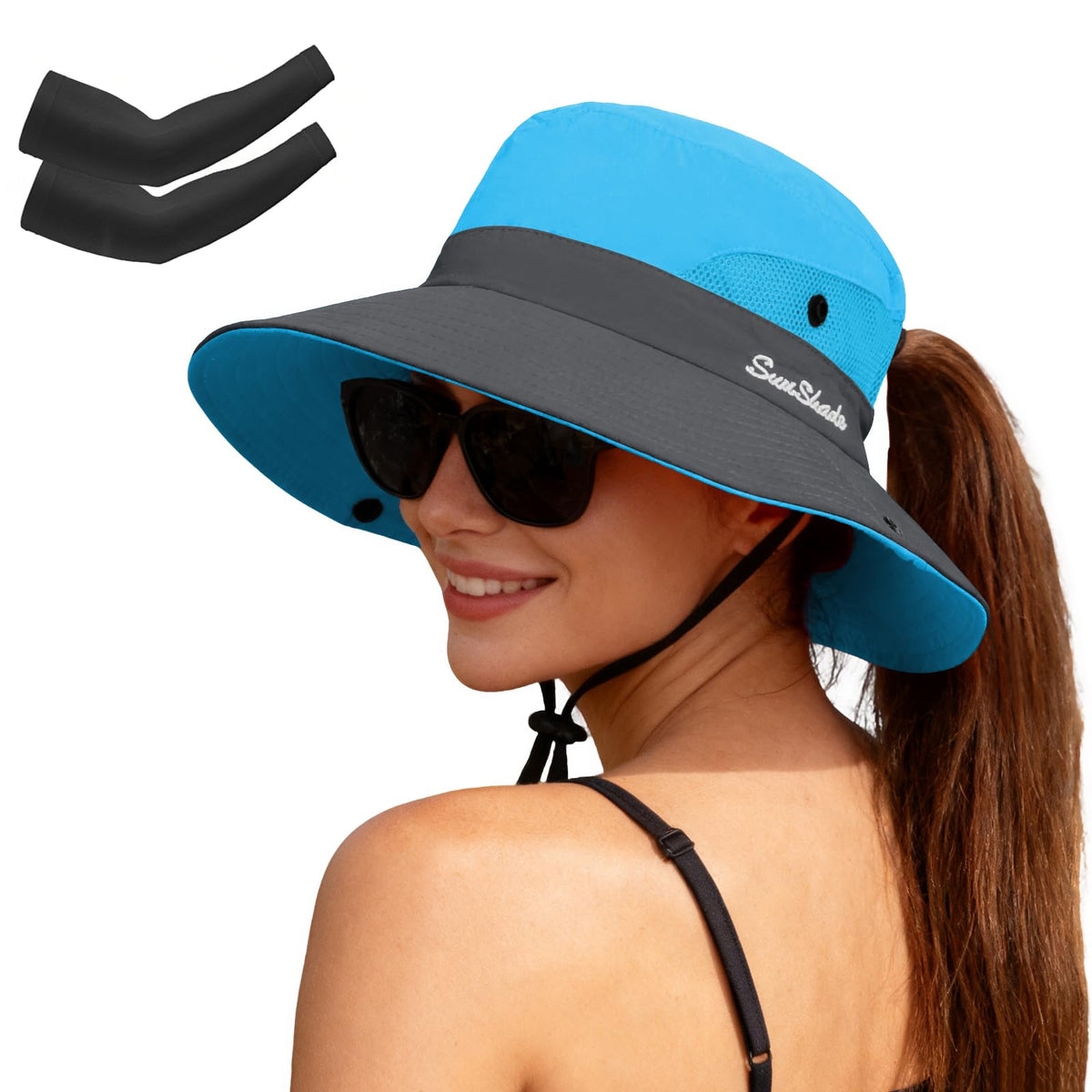 ZOORON Women's Ponytail Safari Sun Hat,Wide Brim UV Protection Bucket Hat