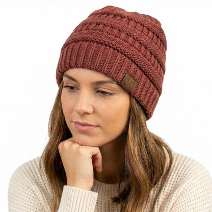 C.C Unisex Chunky Soft Stretch Cable Knit Warm Fuzzy Lined Skully Beanie