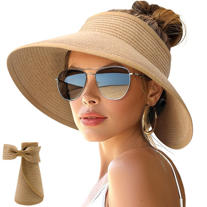 NPJY Sun Hats for Women Wide Brim Roll-Up Ponytail Packable Straw Visor