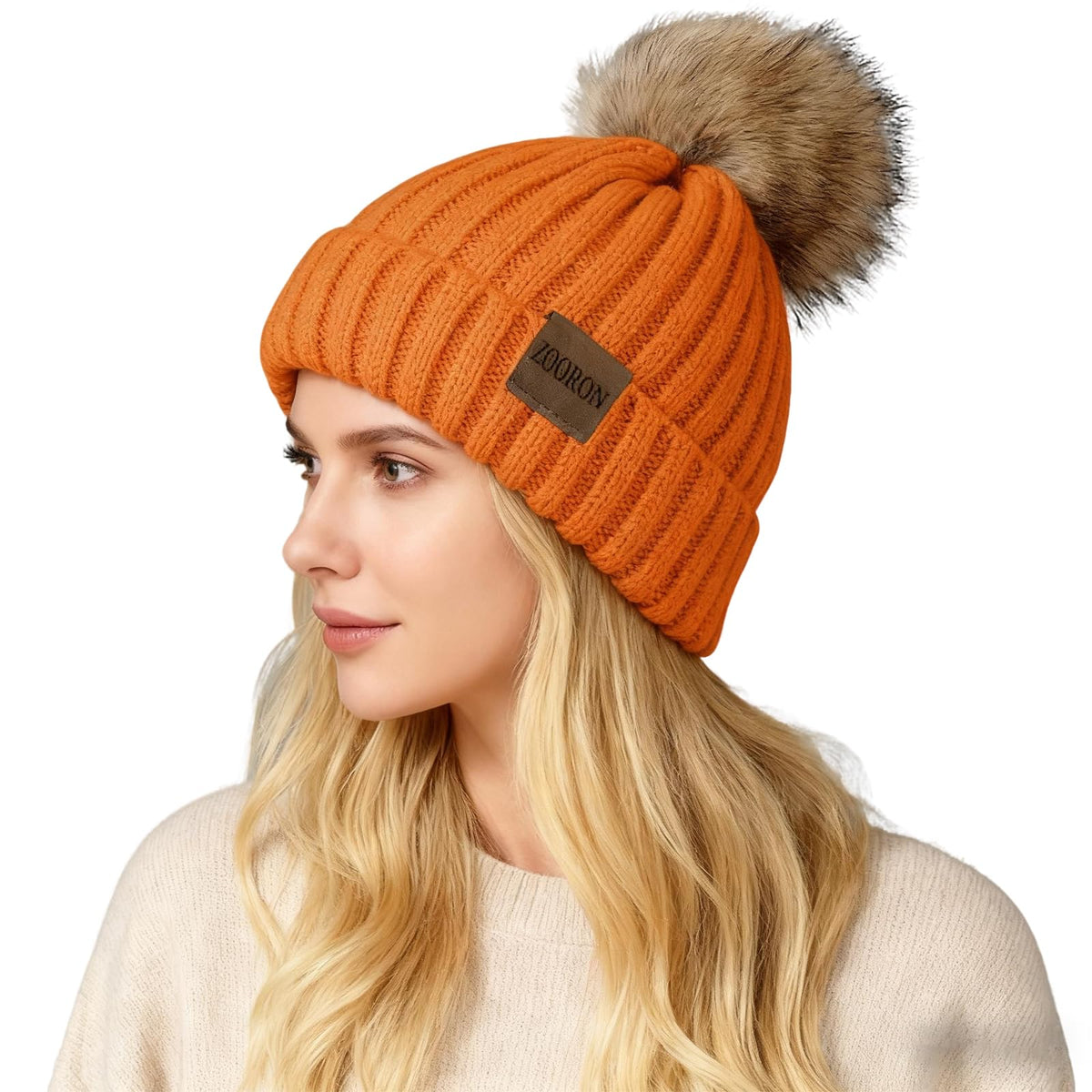 ZOORON Womens Winter Knitted Beanie Hat with Faux Fur Pom Beanie Warm Knit Skull Cap Beanie for Women