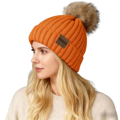 ZOORON Womens Winter Knitted Beanie Hat with Faux Fur Pom Beanie Warm Knit Skull Cap Beanie for Women
