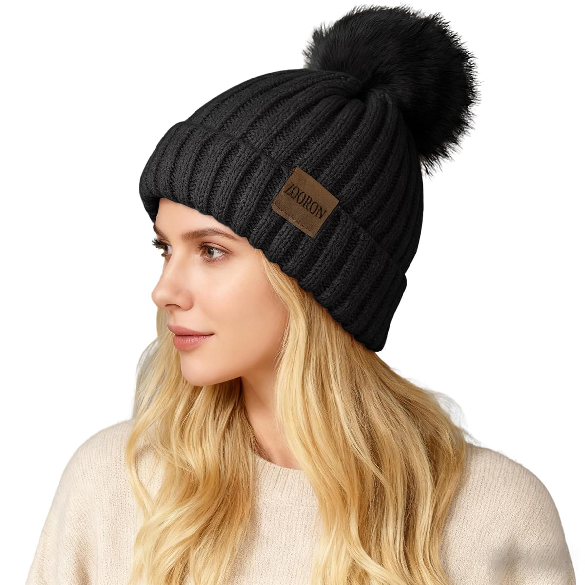 ZOORON Womens Winter Knitted Beanie Hat with Faux Fur Pom Beanie Warm Knit Skull Cap Beanie for Women