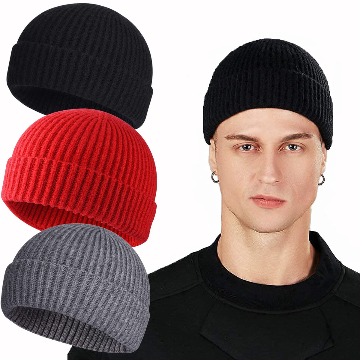 ROYBENS Swag Wool Knit Cuff Short Fisherman Beanie for Men Women Winter Hat
