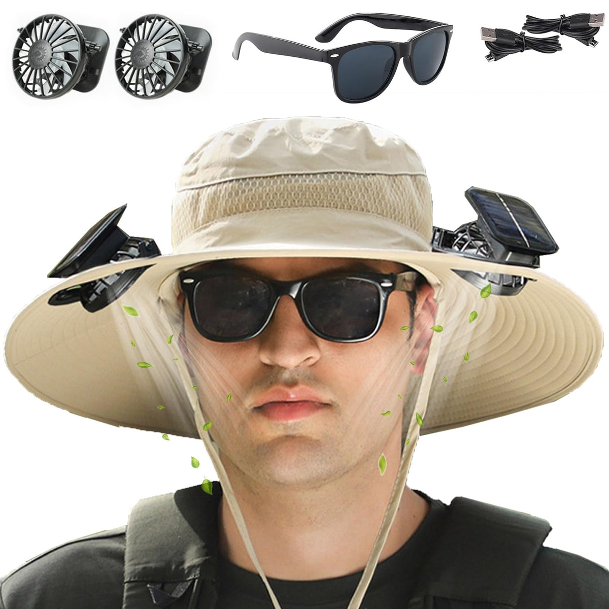 Fishing Hats with Sunglasses, Wide Brim Sun Hat with 2 Solar Fan, USB & Solar Powered Fishing Hats, Solar Fan Hats UPF 50+