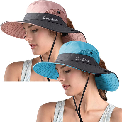 ZOORON Women's Ponytail Safari Sun Hat,Wide Brim UV Protection Bucket Hat
