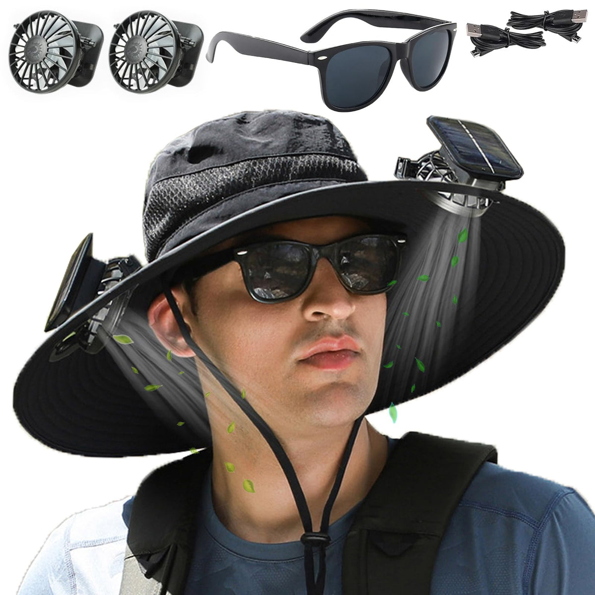 Fishing Hats with Sunglasses, Wide Brim Sun Hat with 2 Solar Fan, USB & Solar Powered Fishing Hats, Solar Fan Hats UPF 50+