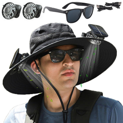 Fishing Hats with Sunglasses, Wide Brim Sun Hat with 2 Solar Fan, USB & Solar Powered Fishing Hats, Solar Fan Hats UPF 50+