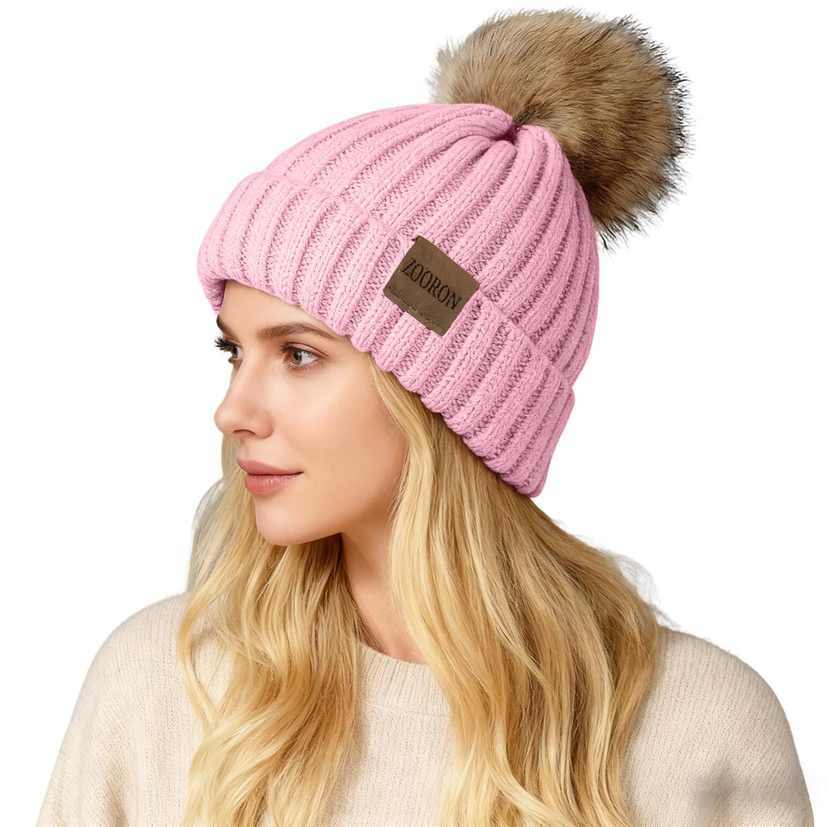 ZOORON Womens Winter Knitted Beanie Hat with Faux Fur Pom Beanie Warm Knit Skull Cap Beanie for Women