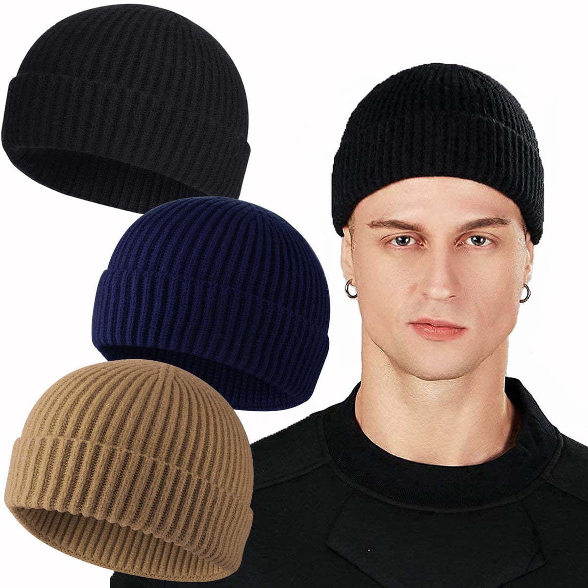 ROYBENS Swag Wool Knit Cuff Short Fisherman Beanie for Men Women Winter Hat