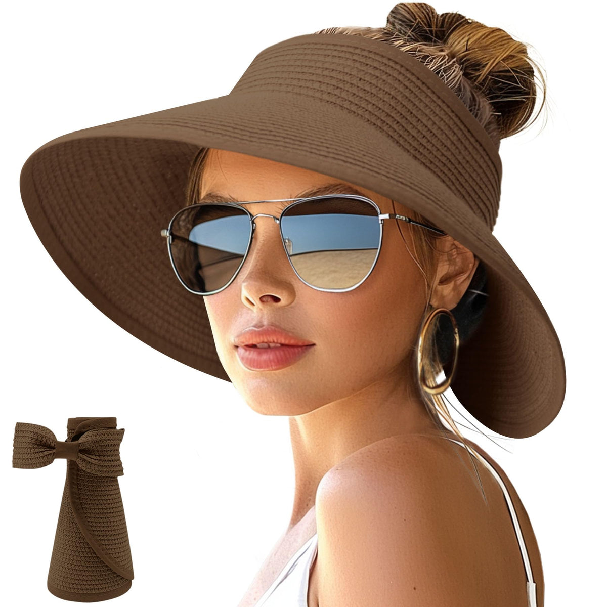 NPJY Sun Hats for Women Wide Brim Roll-Up Ponytail Packable Straw Visor
