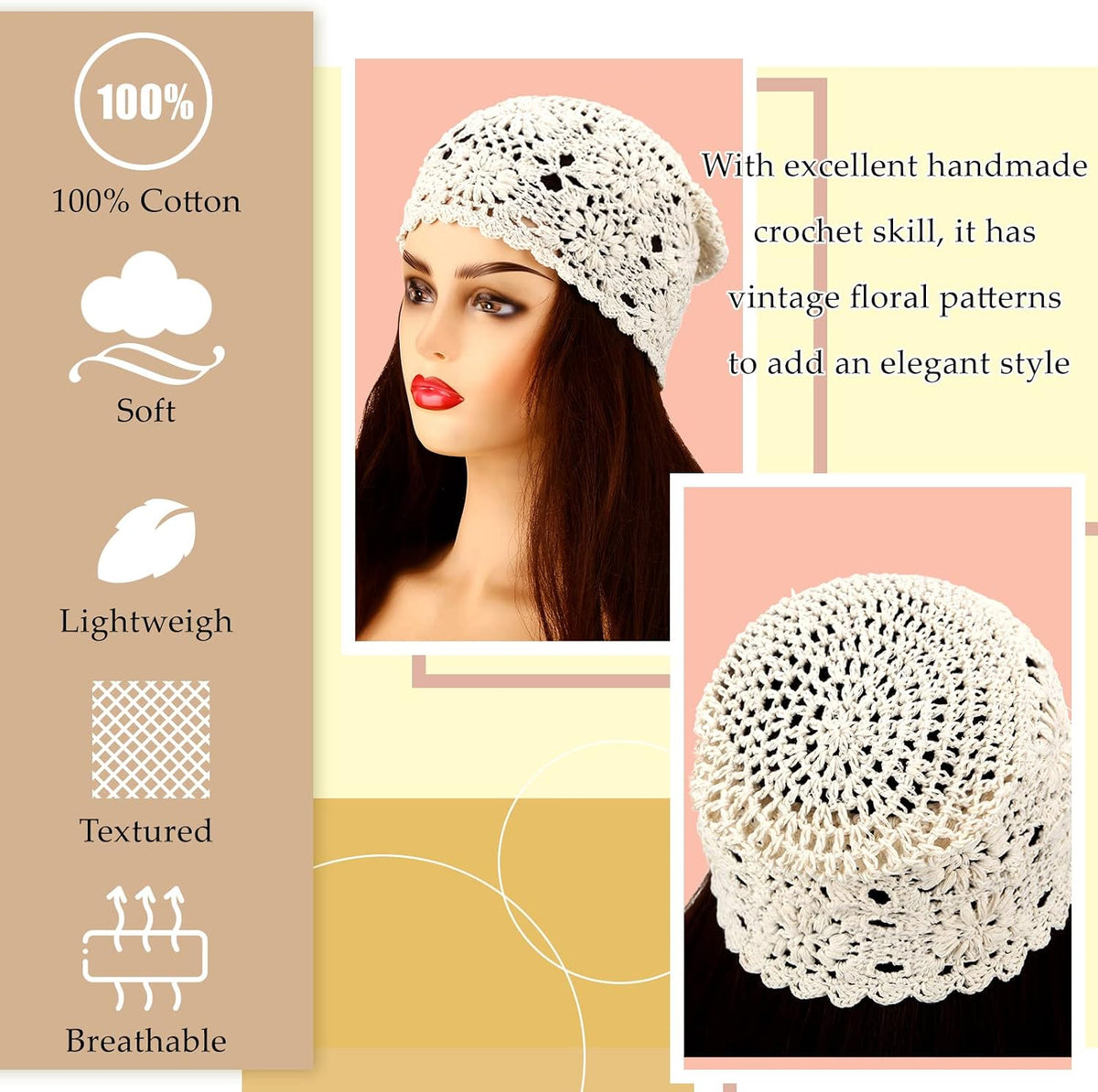 2 Pieces Floral Crochet Slouchy Beanie Hat Handmade Knit Cutout Women Floral Skull Cap Stretchy Knitted Crochet Hat for Women
