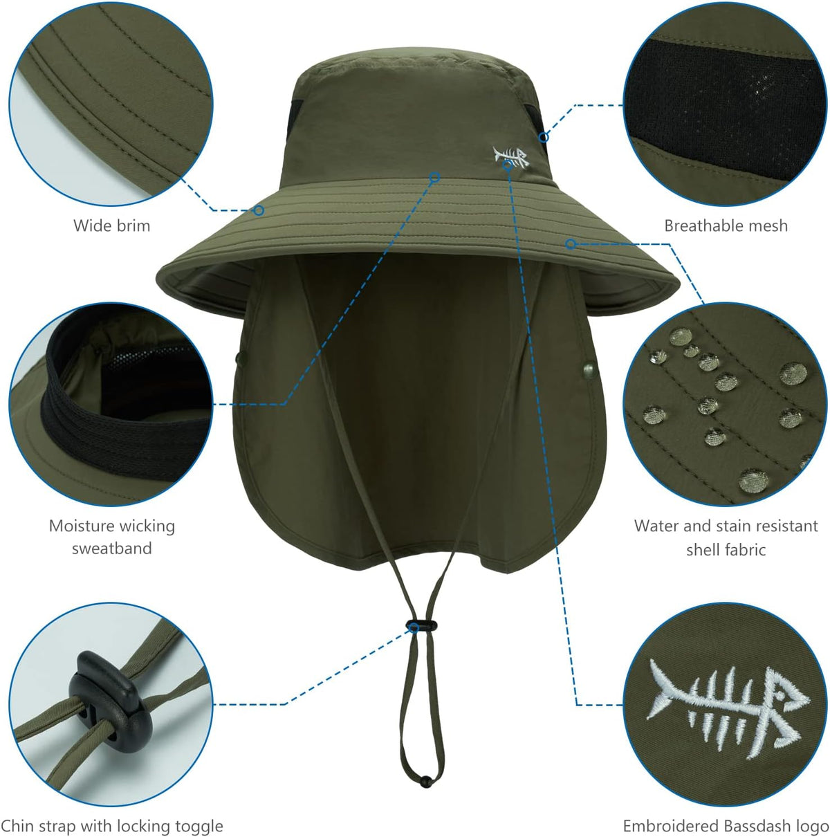 BASSDASH UPF 50+ Breathable Sun Hat with Removable Face Cover and Neck Flap Wide Brim Bucket Hat for Fishing Hiking Men Women