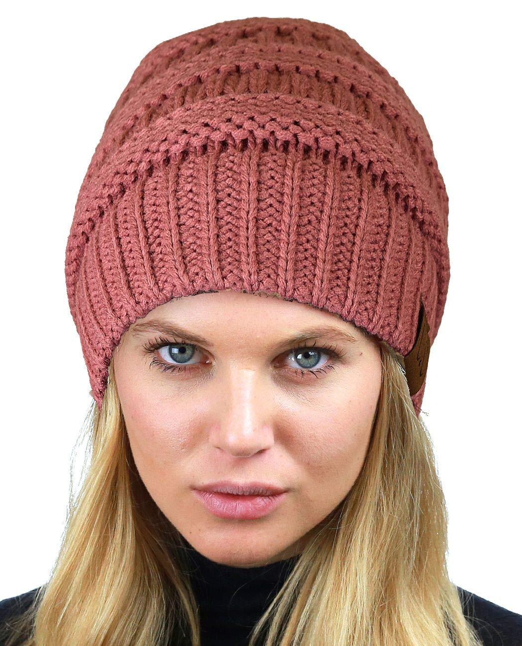 C.C Unisex Chunky Soft Stretch Cable Knit Warm Fuzzy Lined Skully Beanie