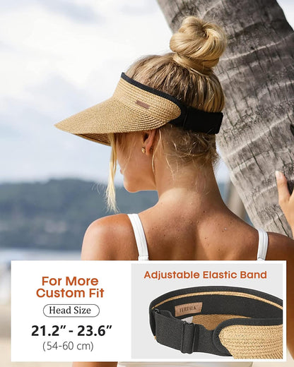 FURTALK Womens Sun Visor Hat Straw Sun Visors for Women Summer Packable Ponytail Beach Hats for Women Travel UPF 80+