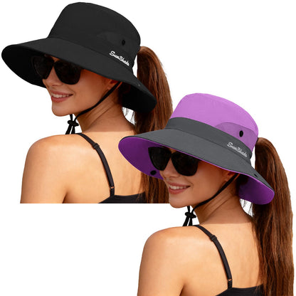 ZOORON Women's Ponytail Safari Sun Hat,Wide Brim UV Protection Bucket Hat