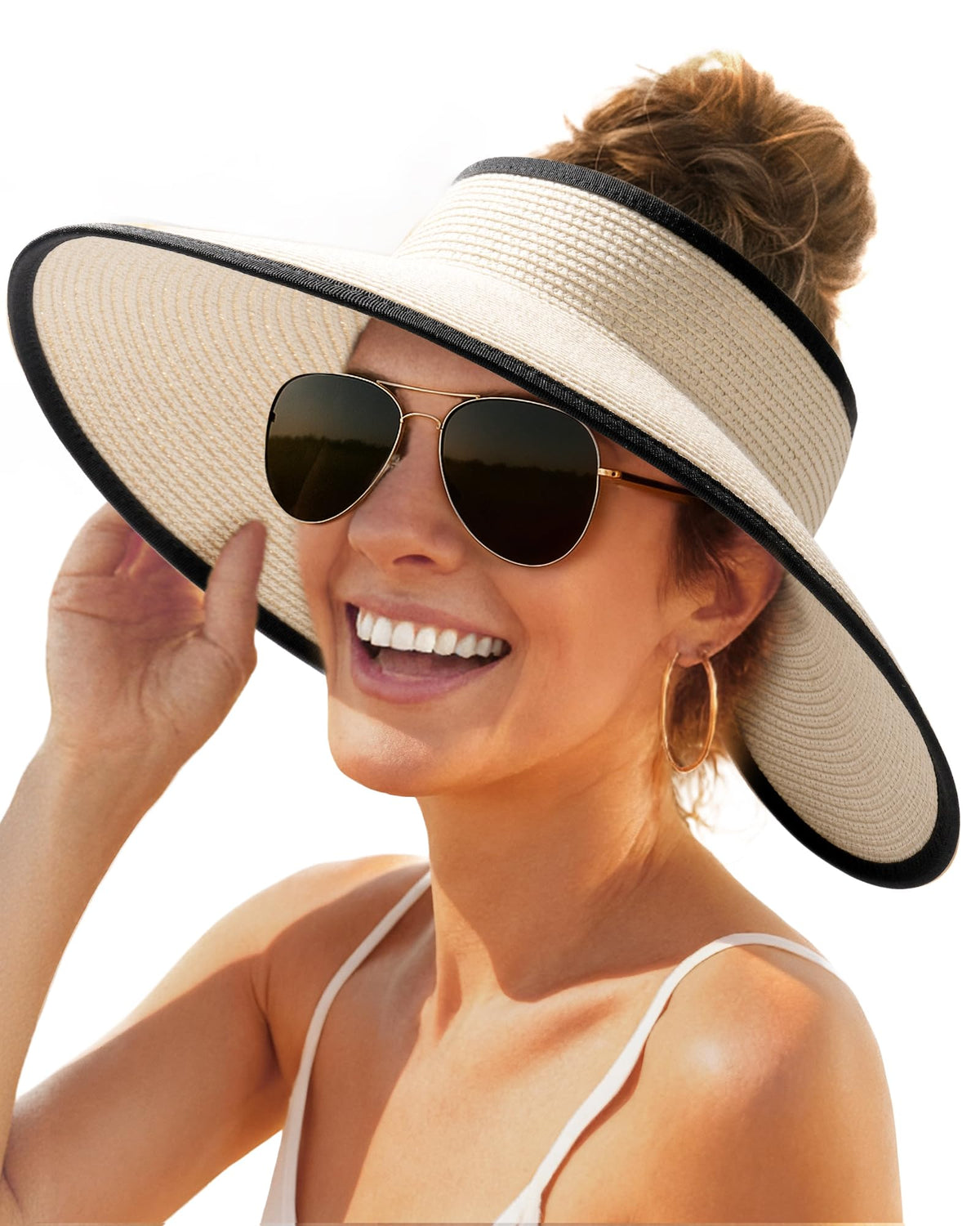 FURTALK Womens Sun Hat with Ponytail Hole Wide Brim Beach Straw Visor