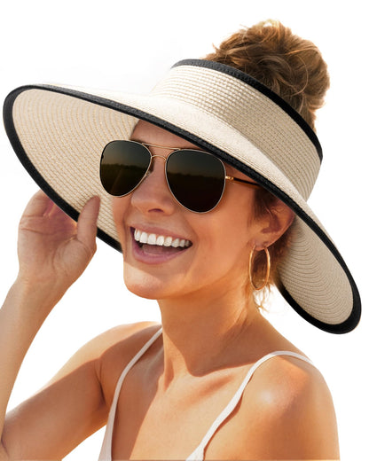 FURTALK Womens Sun Hat with Ponytail Hole Wide Brim Beach Straw Visor