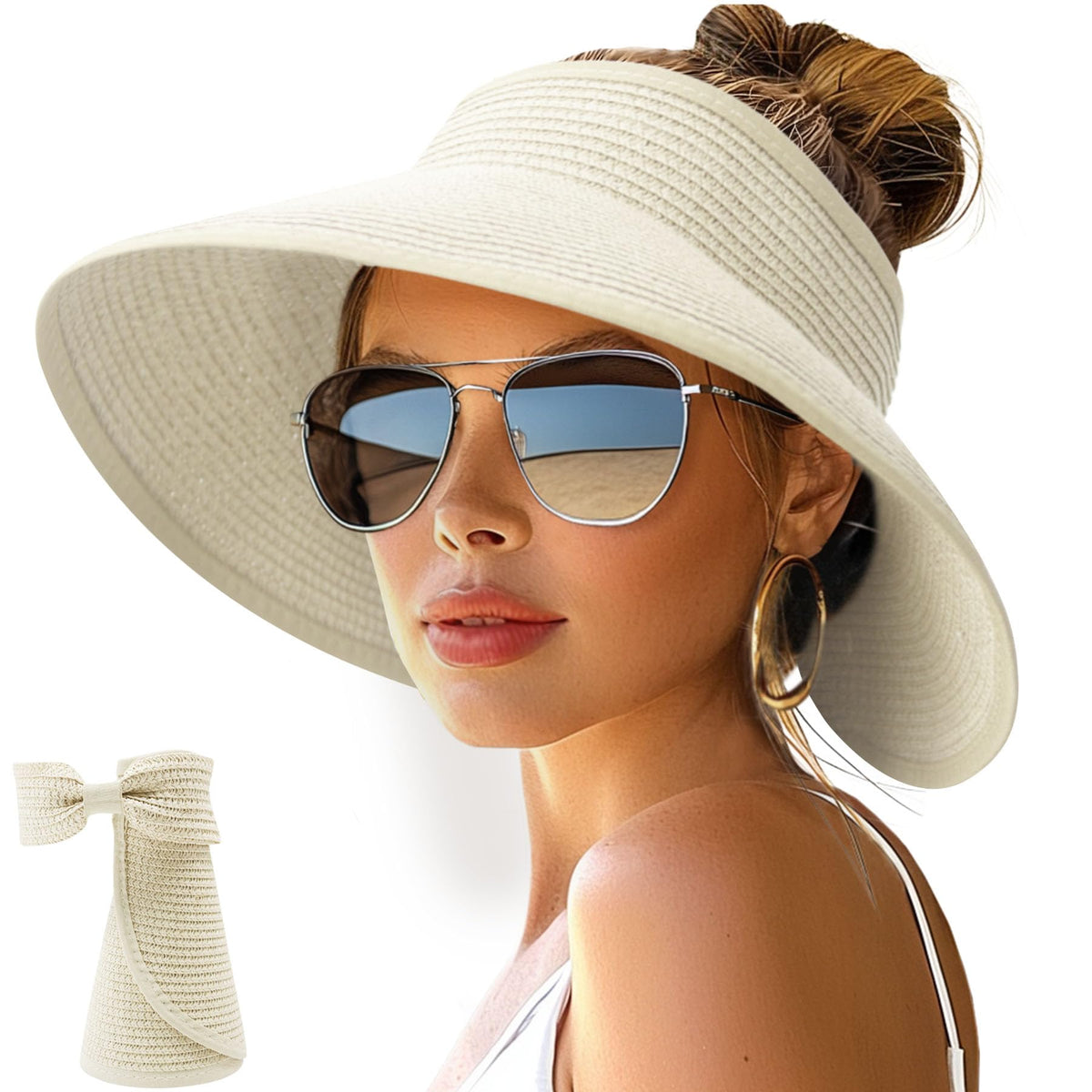 NPJY Sun Hats for Women Wide Brim Roll-Up Ponytail Packable Straw Visor