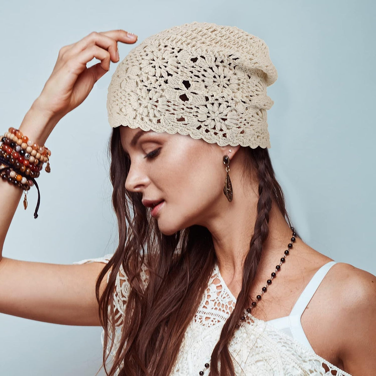 2 Pieces Floral Crochet Slouchy Beanie Hat Handmade Knit Cutout Women Floral Skull Cap Stretchy Knitted Crochet Hat for Women