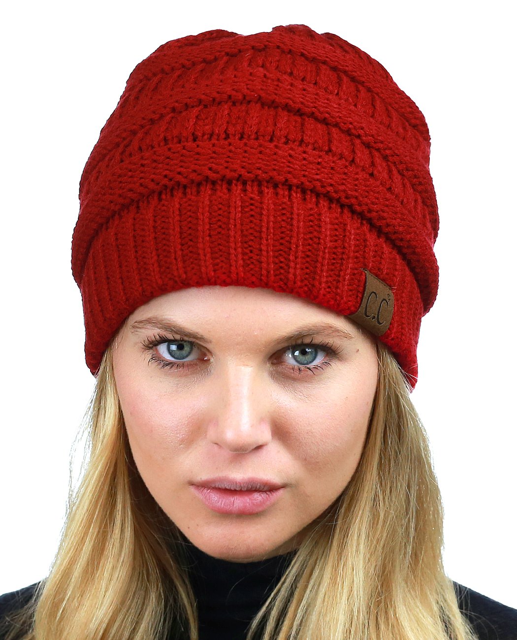 C.C Unisex Chunky Soft Stretch Cable Knit Warm Fuzzy Lined Skully Beanie