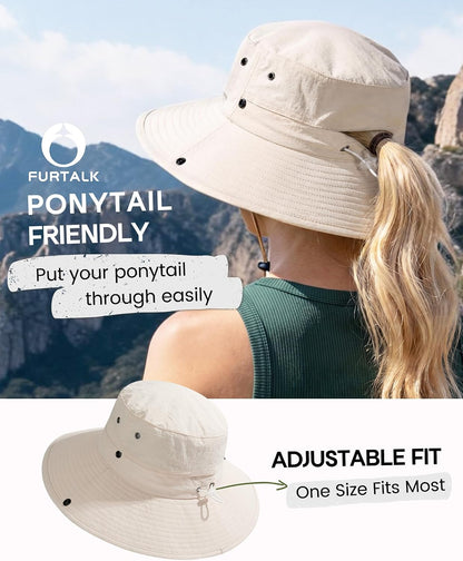 FURTALK Sun Hats for Women Wide Brim Bucket Hat Ponytail Hole Outdoor UPF