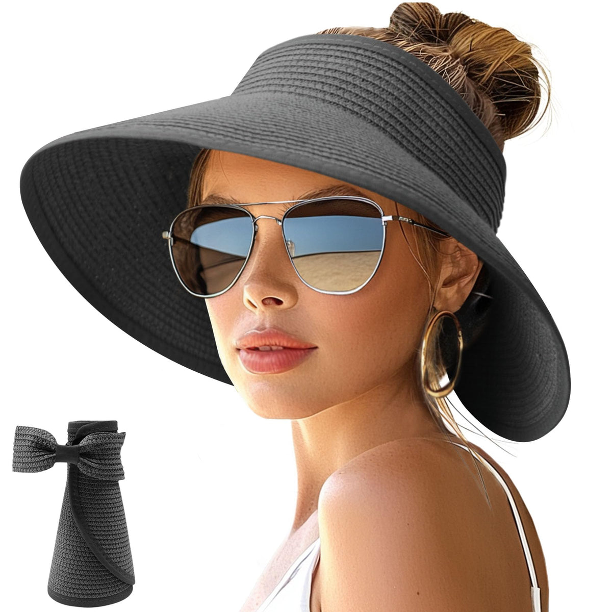 NPJY Sun Hats for Women Wide Brim Roll-Up Ponytail Packable Straw Visor