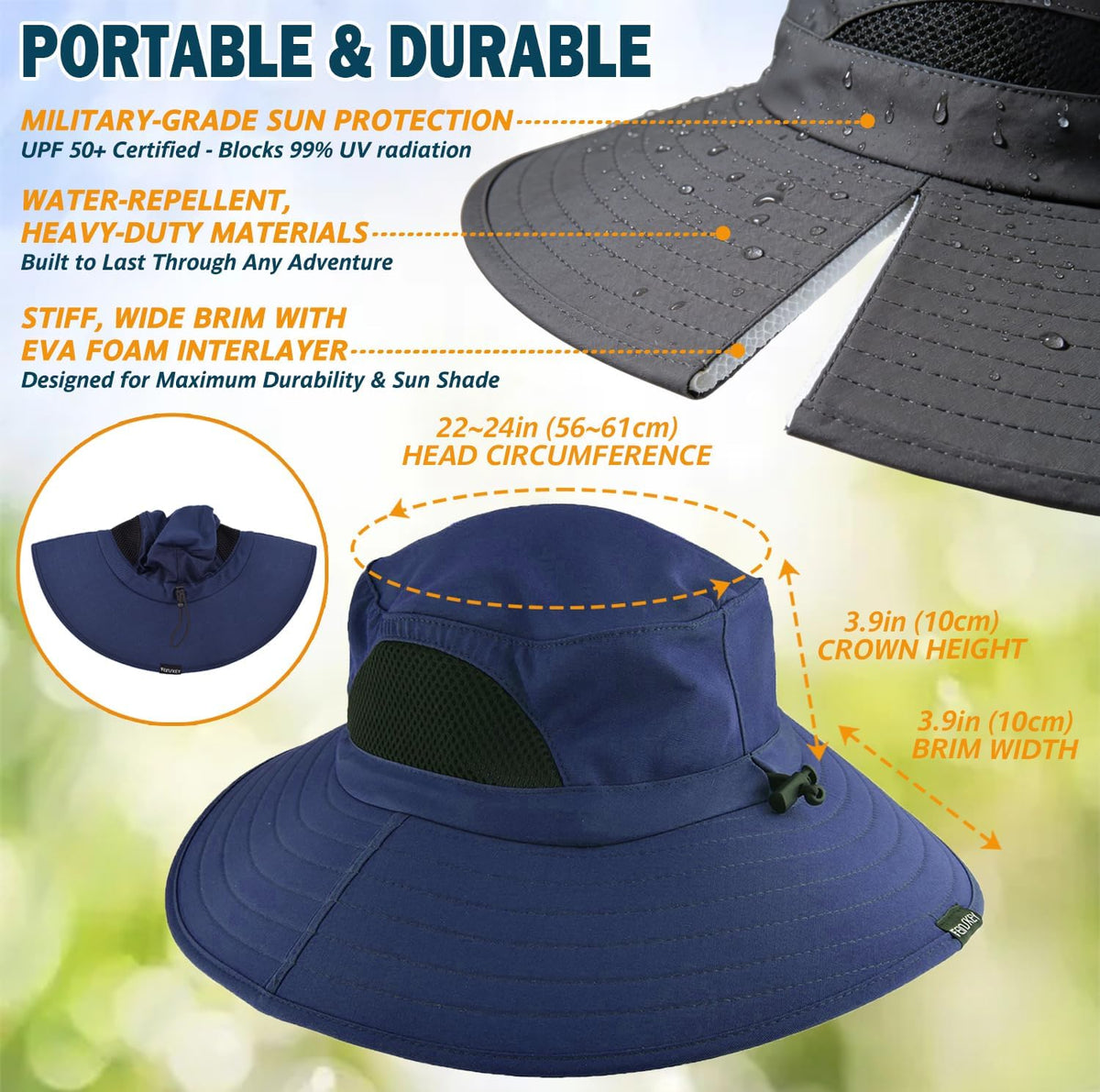 Wide Brim Sun Bucket Hat, Waterproof Boonie Hat for Men & Women