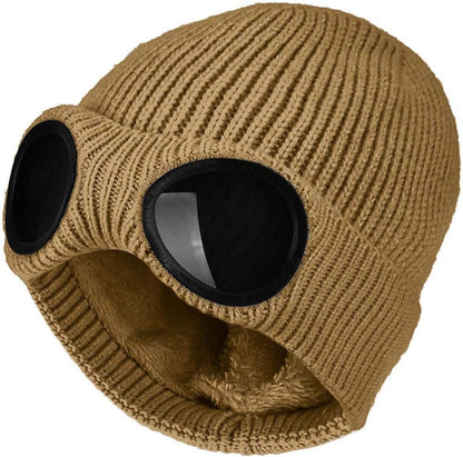 Unisex Goggle Knitted Beanie Hat Windproof Warm Winter Skull Cap