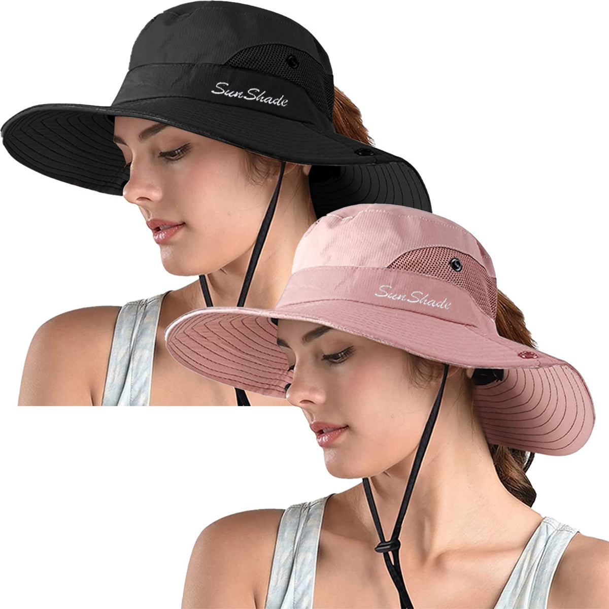 ZOORON Women's Ponytail Safari Sun Hat,Wide Brim UV Protection Bucket Hat