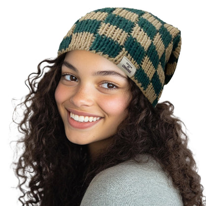 CLAPE Womens Cute Slouchy Beanies Hats, Winter Warm Chunky Checkered Beanie Large Cuff Knitted Hat Ski Cap for Cold Weather