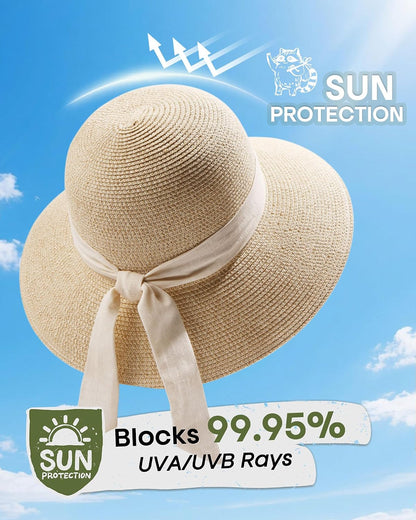 FURTALK Womens Beach Sun Straw Hat Wide Brim UV Protection Travel Hat
