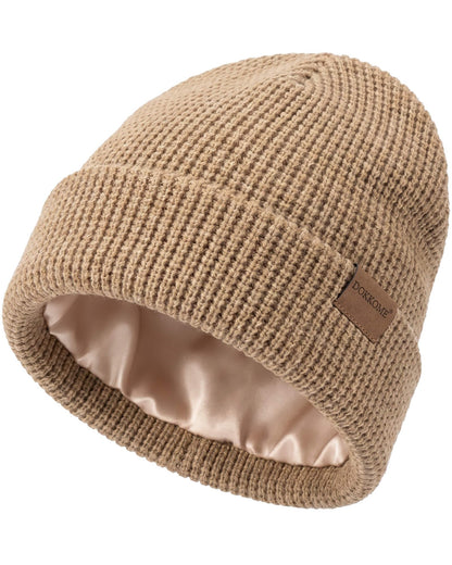 Satin Lined Beanie for Women Men Waffle Knit Winter Hats Thick Double Layer Warm Cuffed Silk Lining Cozy Soft