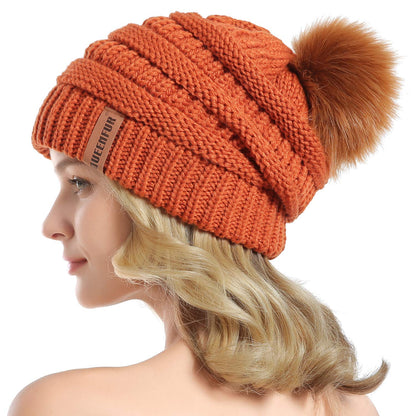 Women Knit Slouchy Beanie Chunky Baggy Hat with Faux Fur Pompom Winter Soft Warm Ski Cap